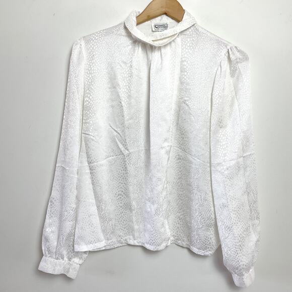 Campus Casuals Tops - Vintage 80s Satin Secretary Blouse Medium White Animal‎ Print Quiet Luxury